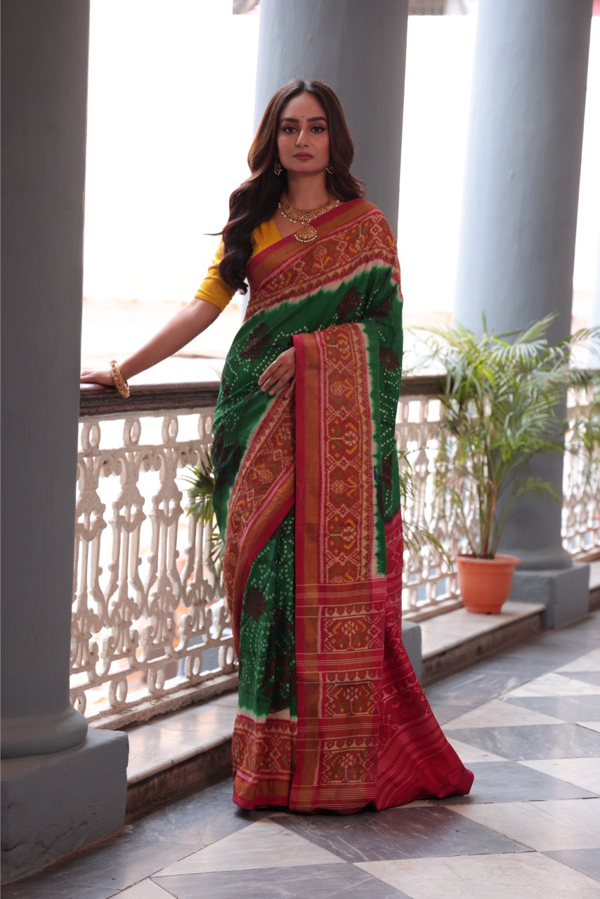 THARAGAI - Handknotted tie dyed Bhandej Ikkat silk saree with hand dra ...