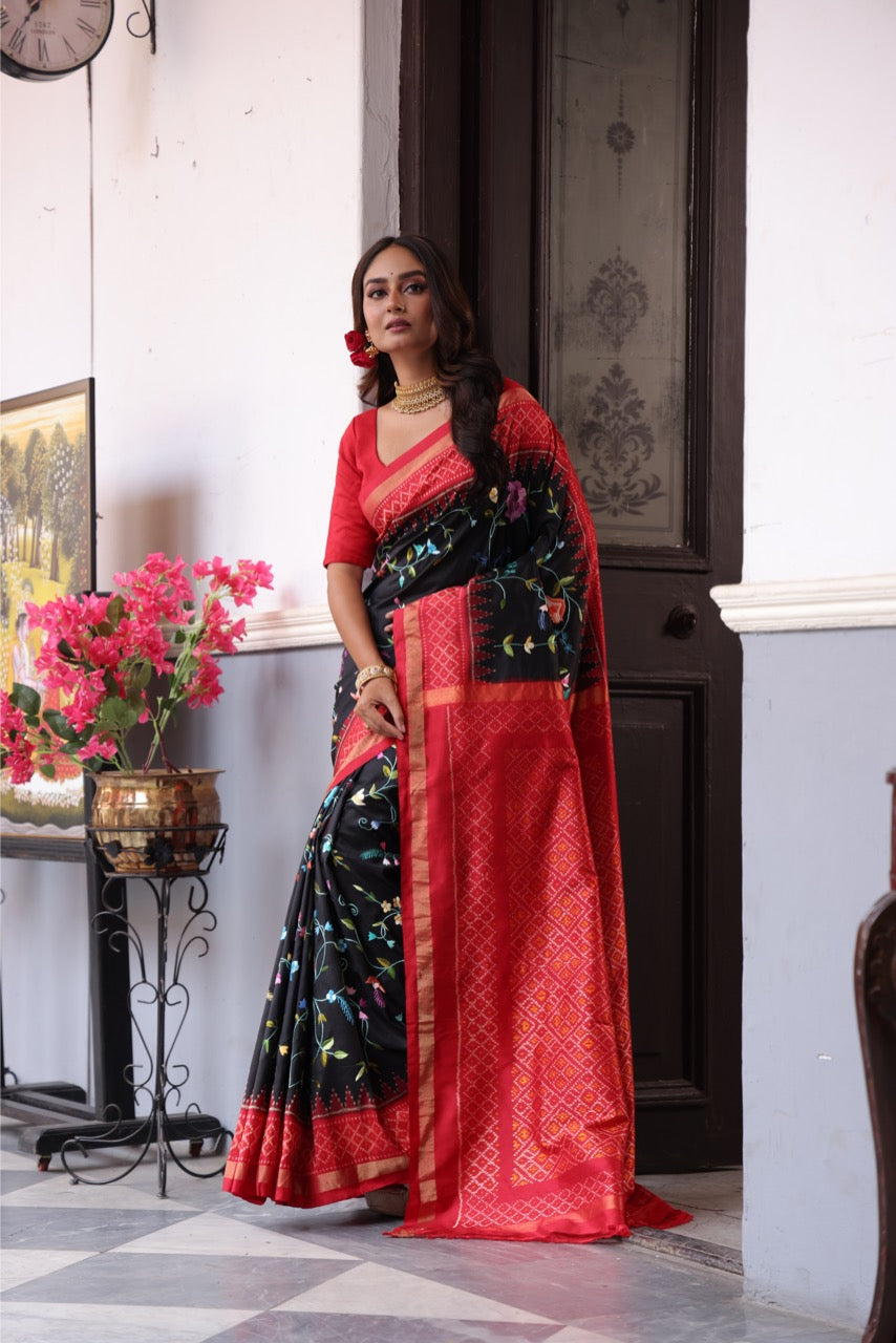 Tharagai -An Exclusive Parsi Gara hand Embroidered silk Ikkat saree