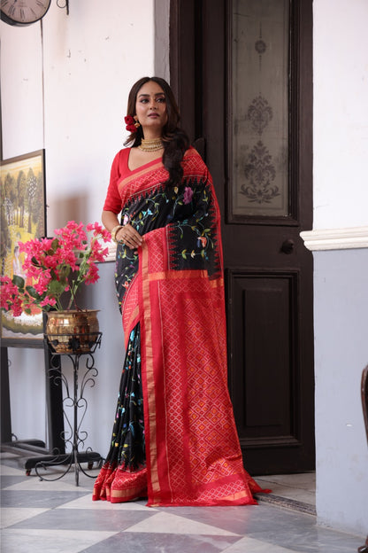 Tharagai -An Exclusive Parsi Gara hand Embroidered silk Ikkat saree