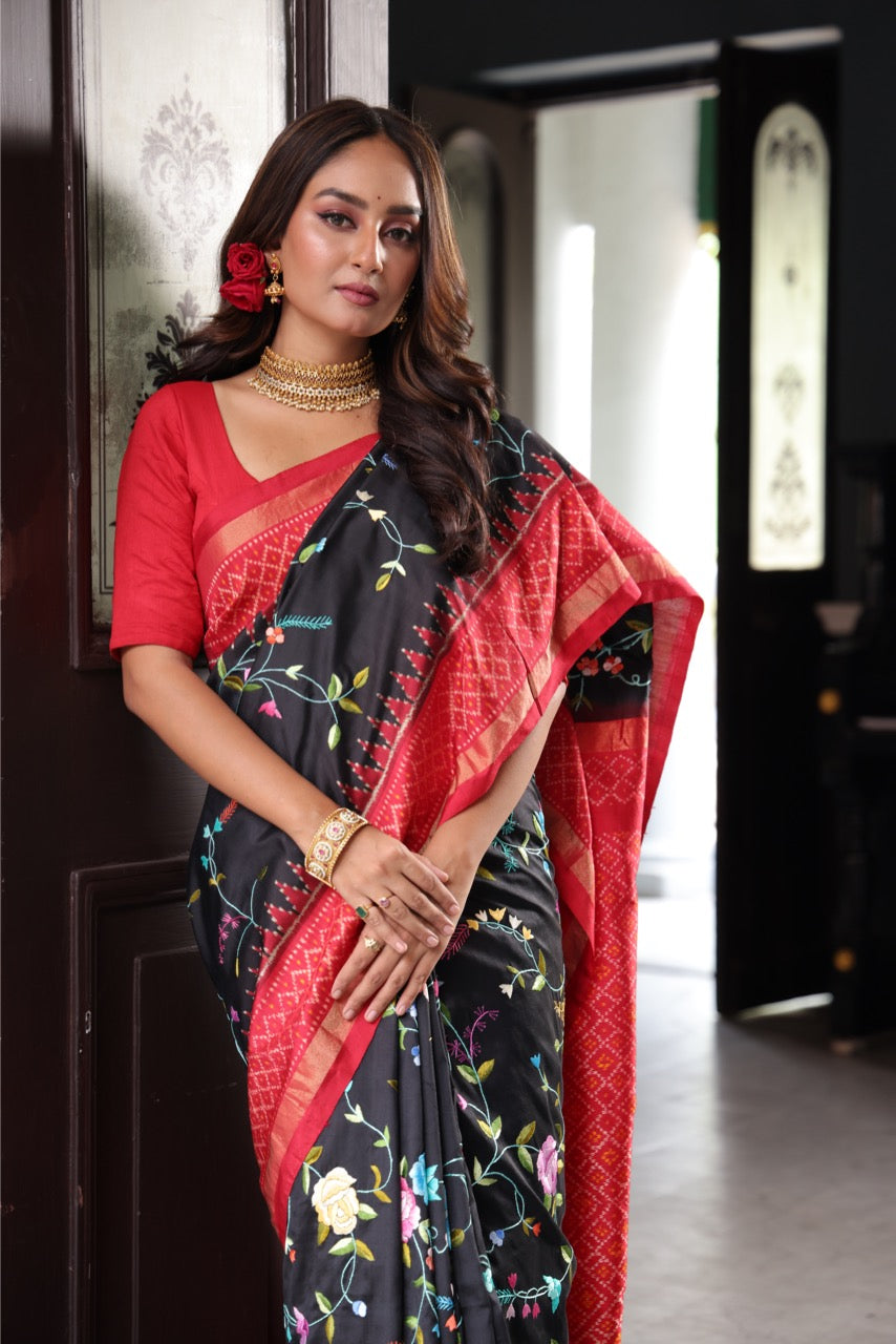 Tharagai -An Exclusive Parsi Gara hand Embroidered silk Ikkat saree