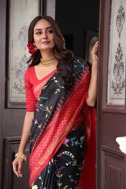 Tharagai -An Exclusive Parsi Gara hand Embroidered silk Ikkat saree