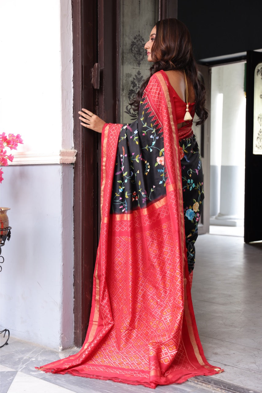 Tharagai -An Exclusive Parsi Gara hand Embroidered silk Ikkat saree