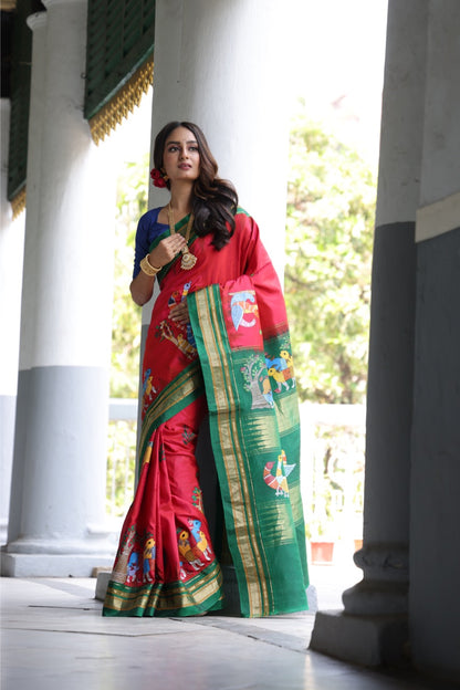 Handdrawn handpainted Gondh Art on ilkal silk saree