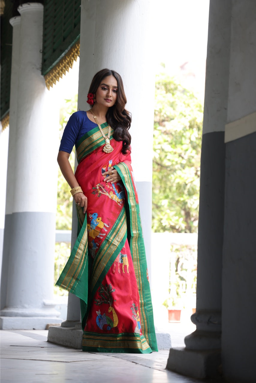 Handdrawn handpainted Gondh Art on ilkal silk saree