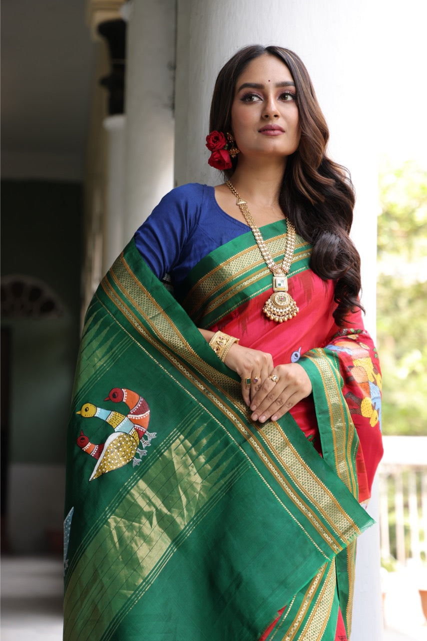 Handdrawn handpainted Gondh Art on ilkal silk saree