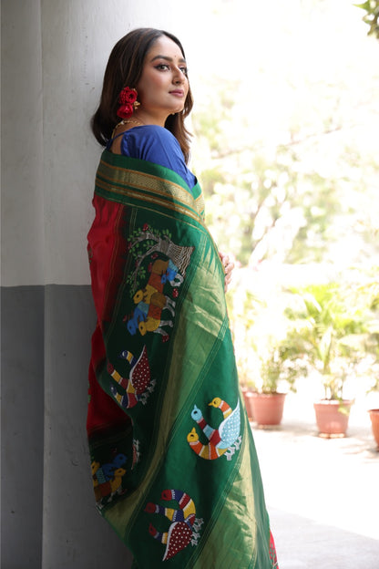 Handdrawn handpainted Gondh Art on ilkal silk saree