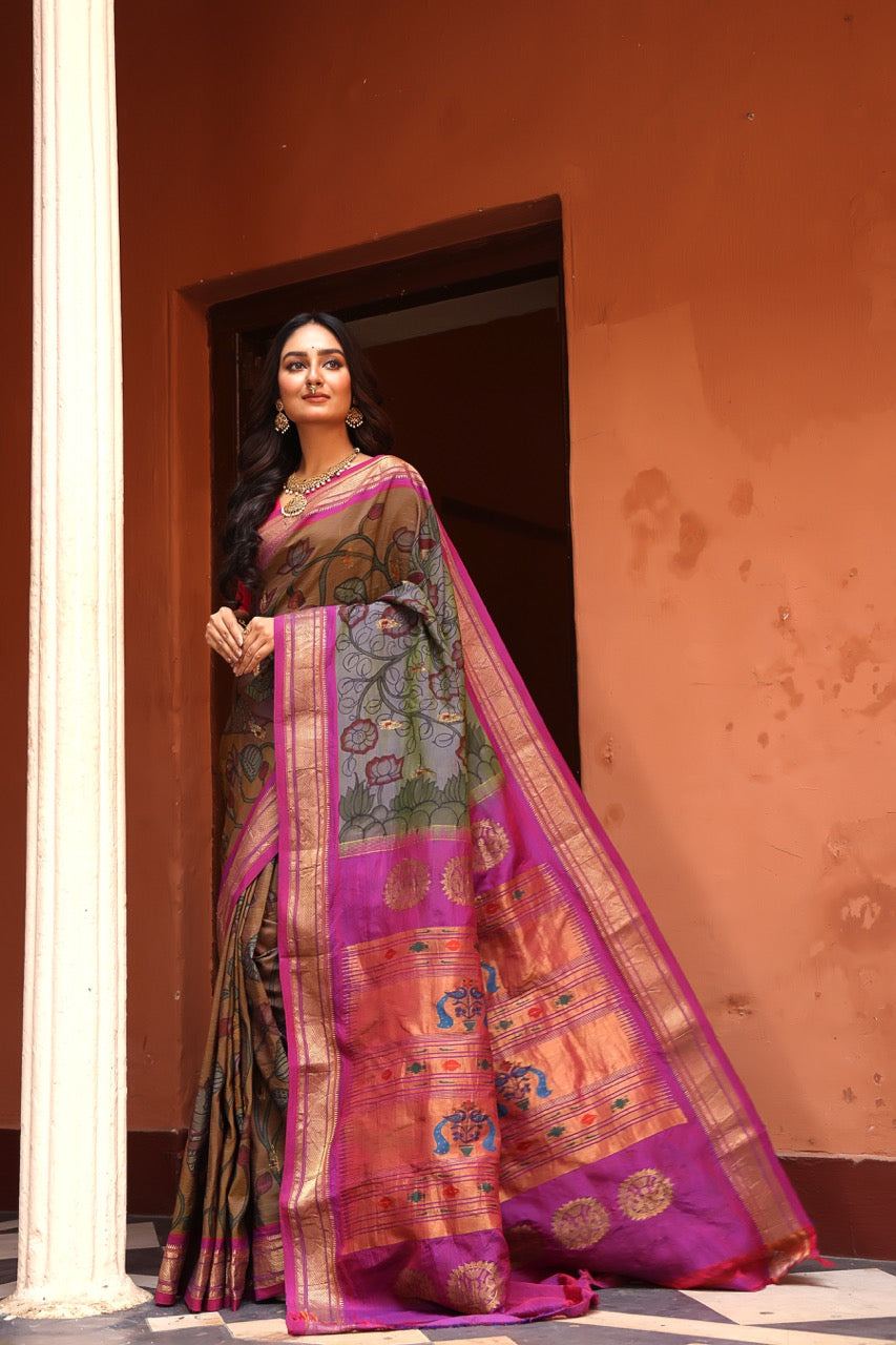 Paithani Penkalamkari silk saree in dual tone cyan blue with gold shade