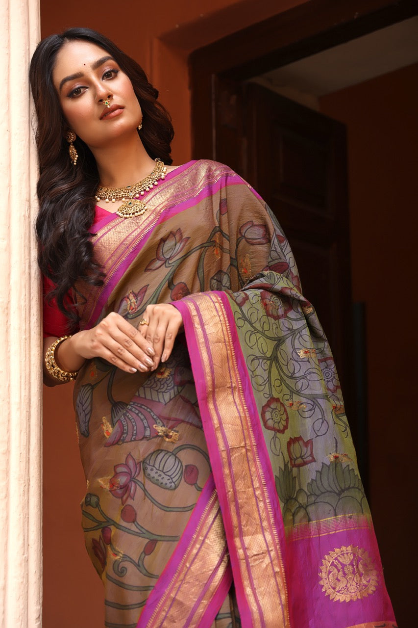 Handdrawn handprinted Meenakari Paithani silk Saree with penkalamkari