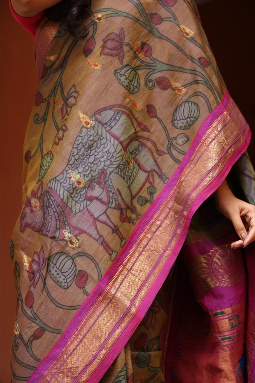 Paithani Penkalamkari silk saree in dual tone cyan blue with gold shade