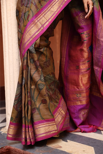 Handdrawn handprinted Meenakari Paithani silk Saree with penkalamkari