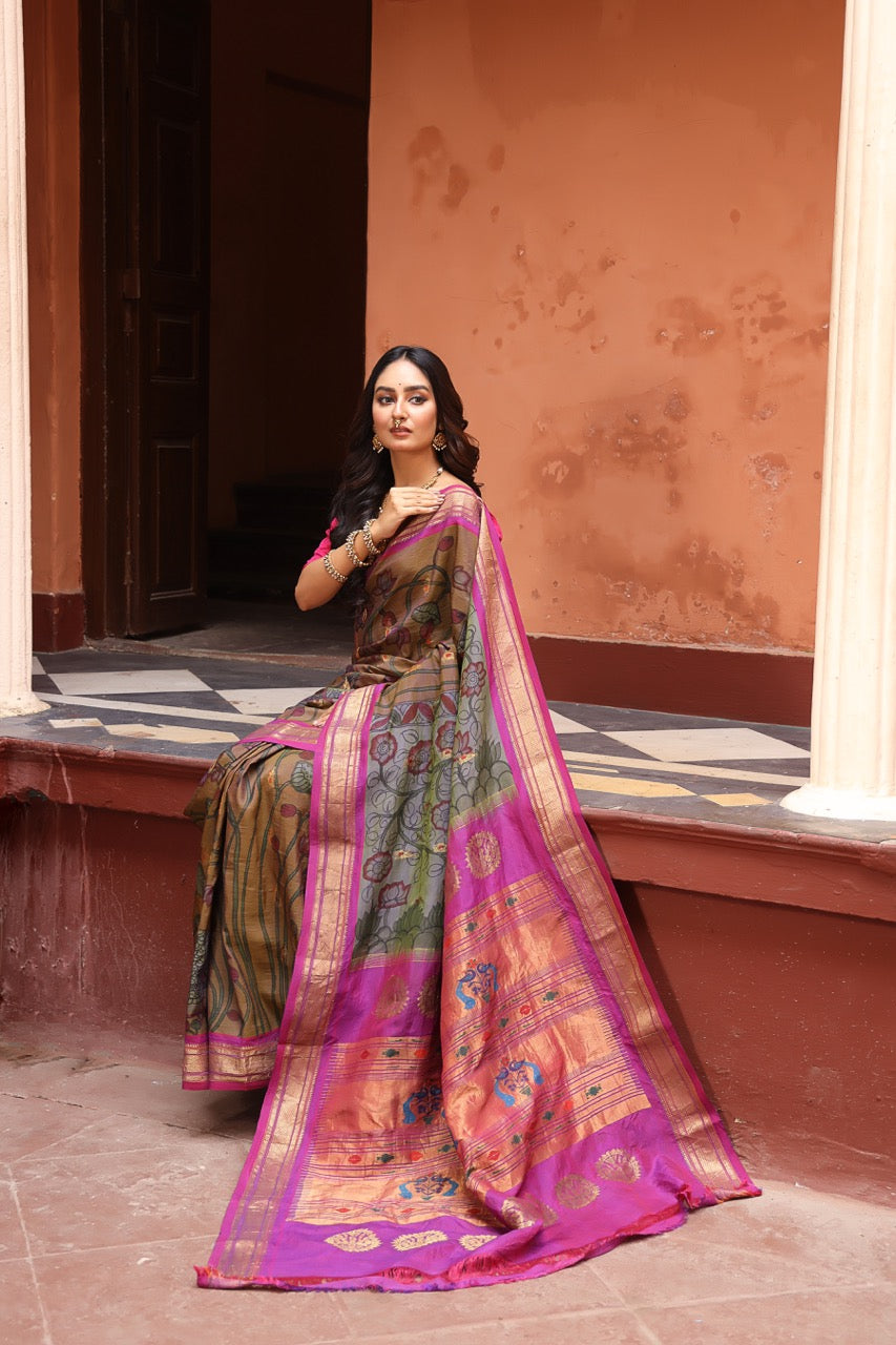 Handdrawn handprinted Meenakari Paithani silk Saree with penkalamkari