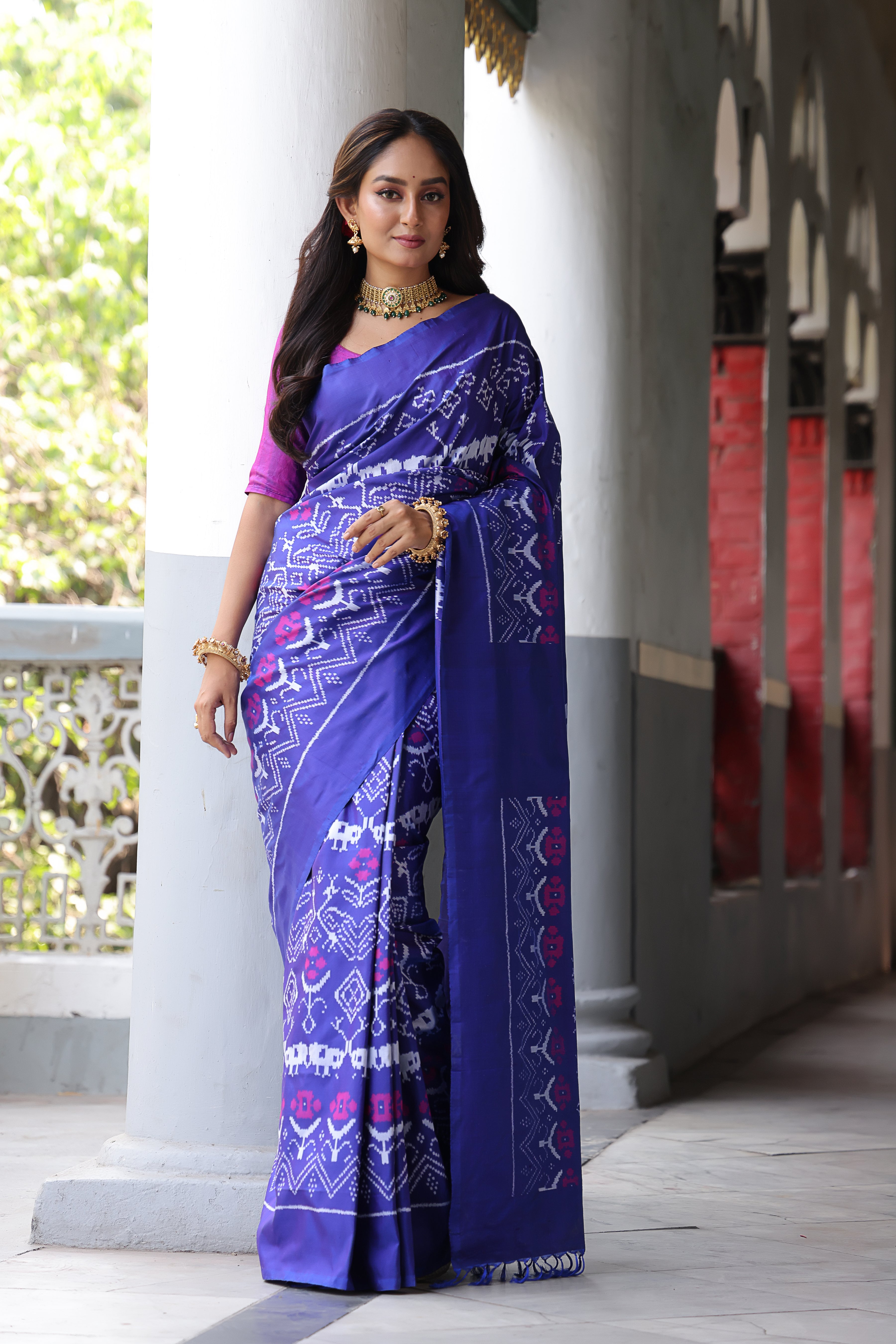 A stupendous bluish purple with pink Cambodian inspired museum archive silk ikkat saree