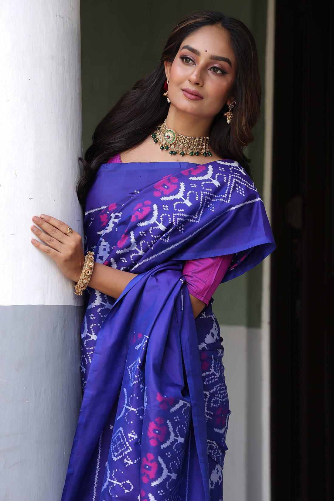 A stupendous bluish purple with pink Cambodian inspired museum archive silk ikkat saree