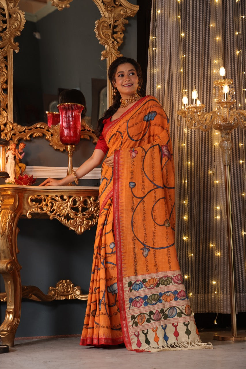 Ponduru Organic Khadi cotton with Handdrawn and Handpainted Penkalamkari Saree