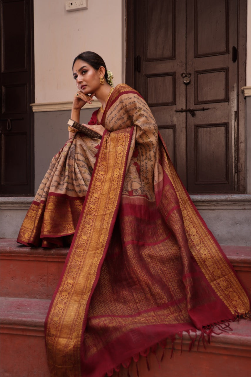 Complete Hand Drawn And Hand Painted Dasavatharam Penkalamkari In Gadwal Silk Saree