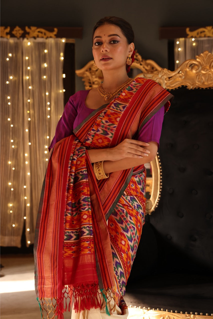 NARUVI -2 Designer Exclusive double pallu Multicoloured premium silk ikkat inspired from Museum Archive