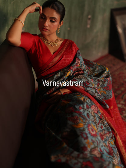 VRATHAPANI - A bhandhej inspired mulberry silk ikkat adorned with chintz inspired art on Complete Hand Drawn And Hand Painted Penkalamkari In korvai Kanchivaram Silk Saree