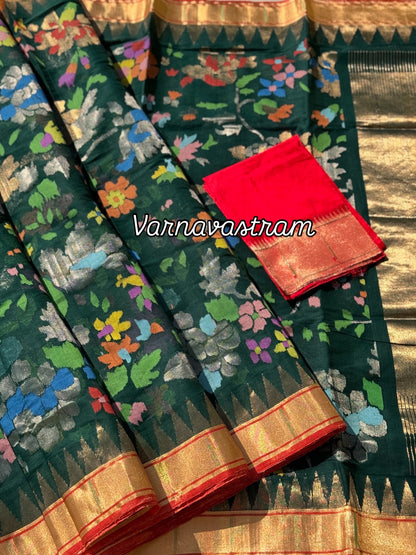 Full jaal weave ponduru Khadhi jamdani saree in peacock green