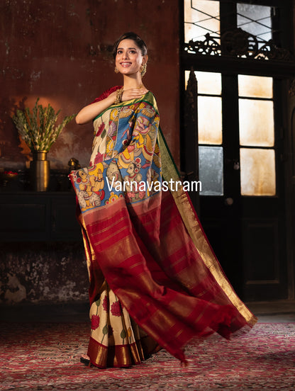 Masterpiece Ganga jamuna korvai kanchivaram silk saree Handdrawn handpainted penkalamkari