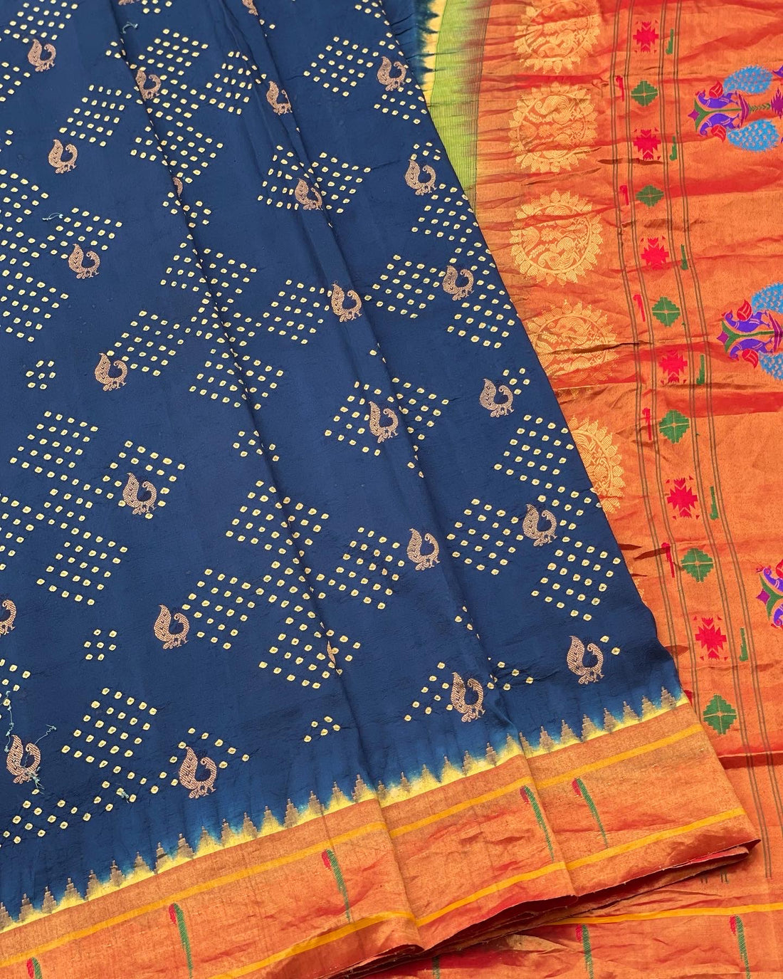 Paithani Silk With Bandhej Tie And Dye Muniya Border Saree