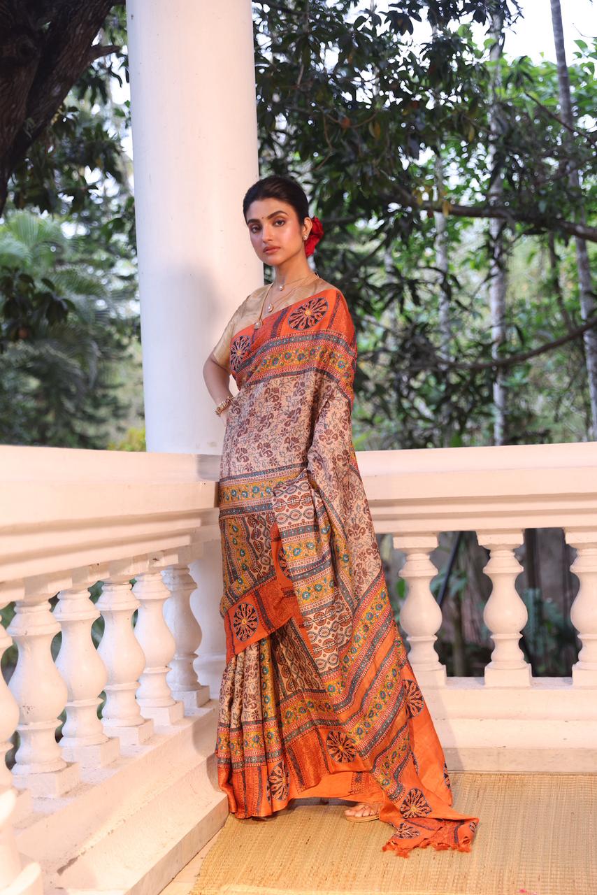 Reserved for Savi mam - A stunner tussar by zari handwoven silk saree with Katha handembroidery and Bagh handblock prints