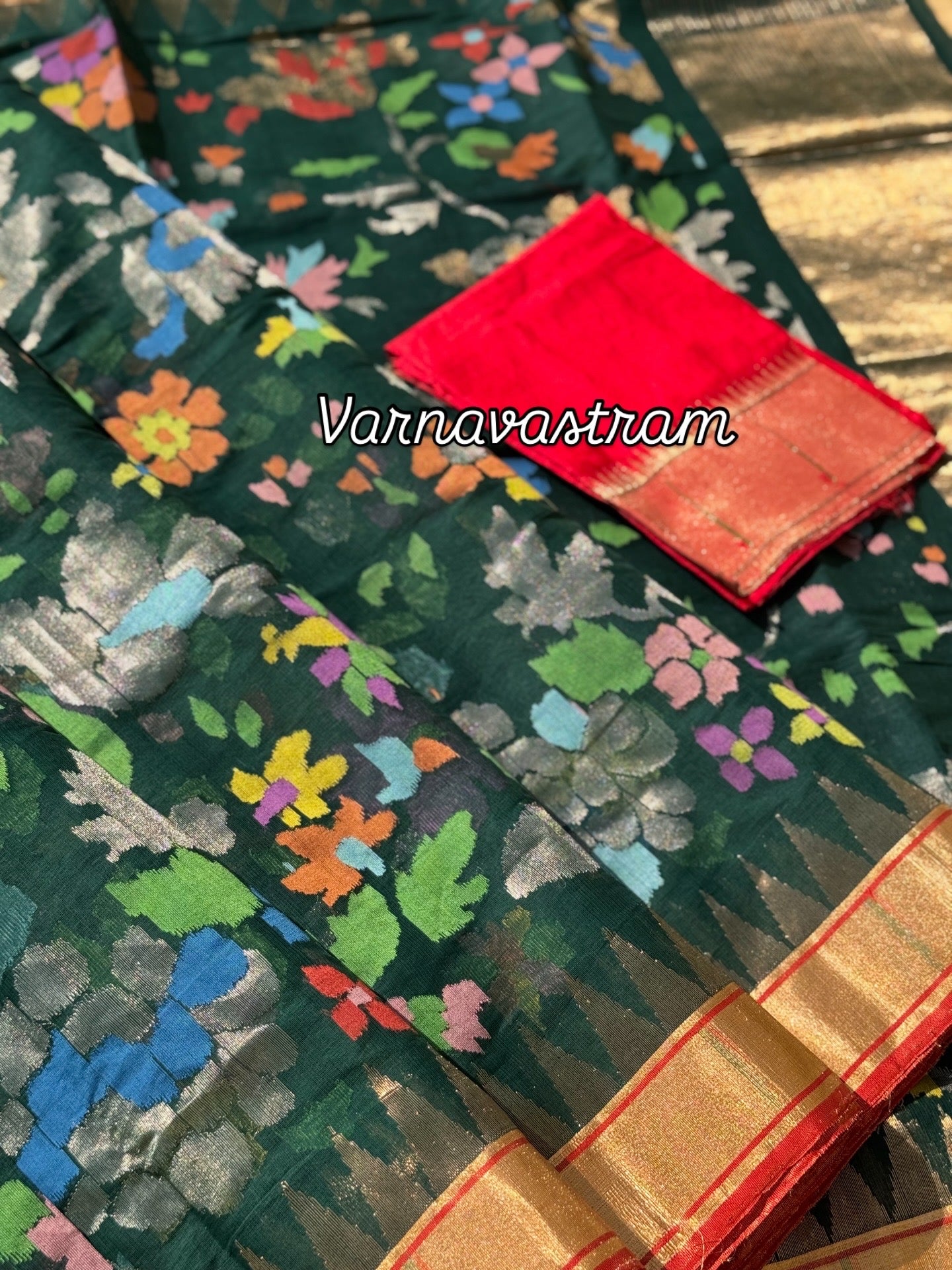 Full jaal weave ponduru Khadhi jamdani saree in peacock green