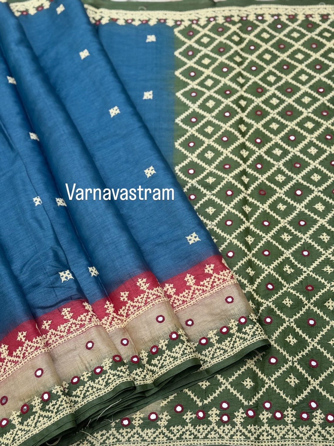 Indigo blue with green and pink handwoven Tussar silk saree with handmade kutch mirror embroidery work