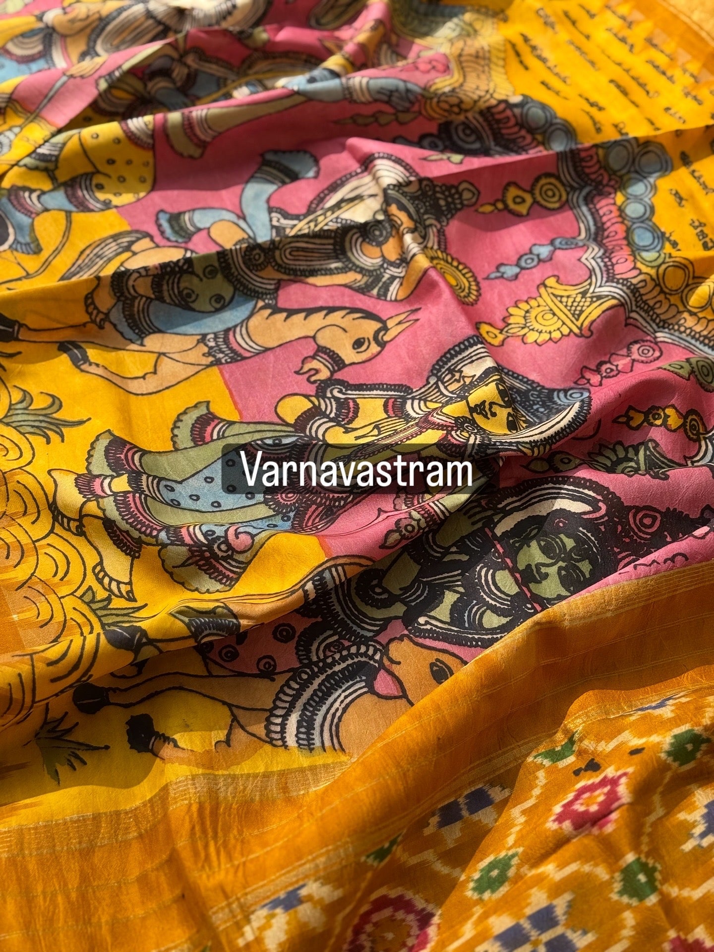 Dasavatharam Handdrawn Handpainted Penkalamkari Dupatta on handwoven ikkat silk