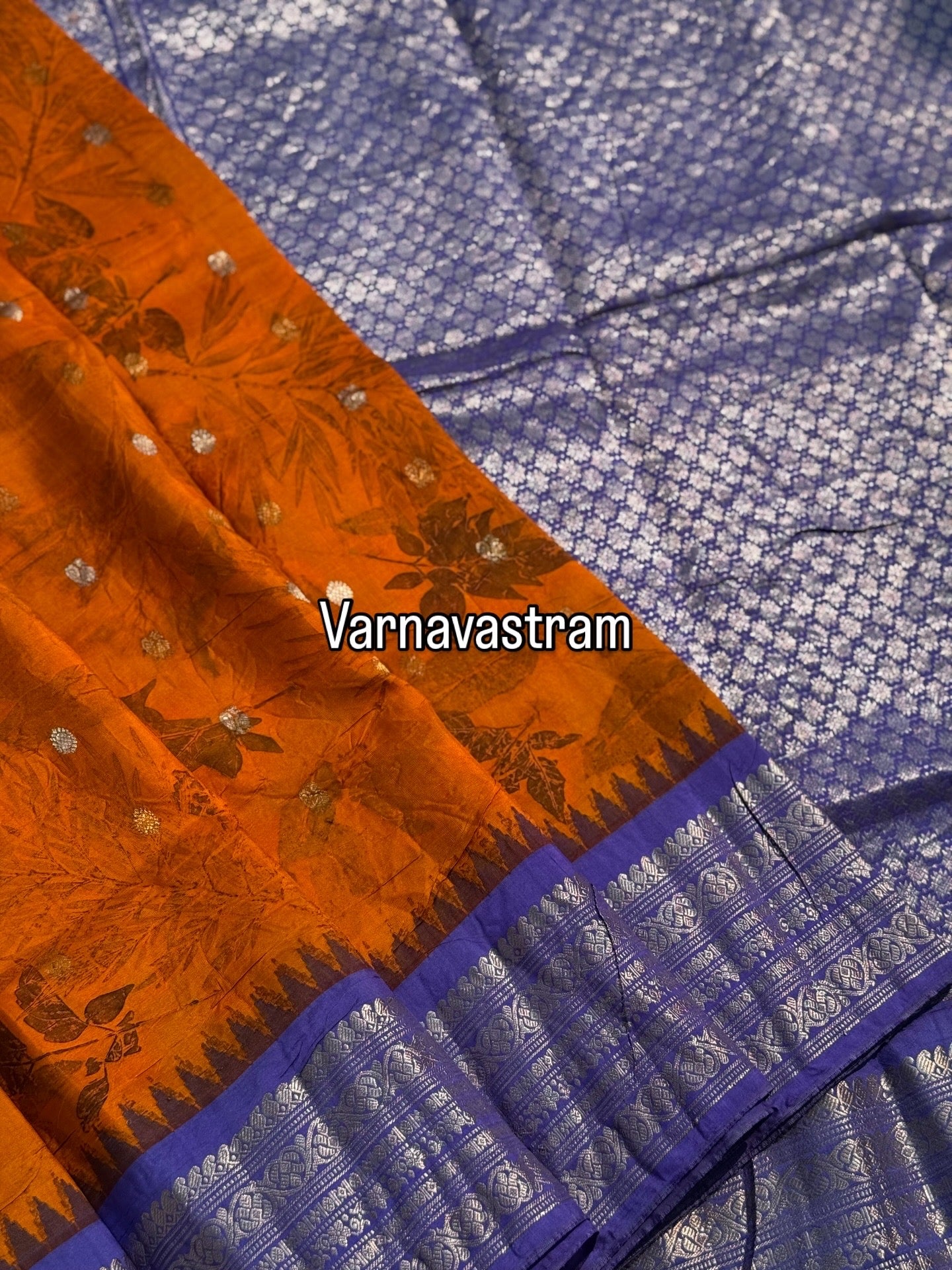 An orange with lilac Natural Handmade Ecoprints Gadwal silk saree