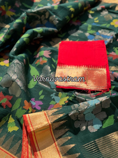 Full jaal weave ponduru Khadhi jamdani saree in peacock green