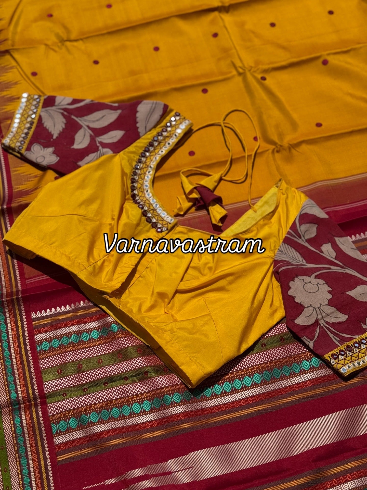 Yellow maroon silk blouse handdrawn hand painted penkalamkari and zardosi embellished