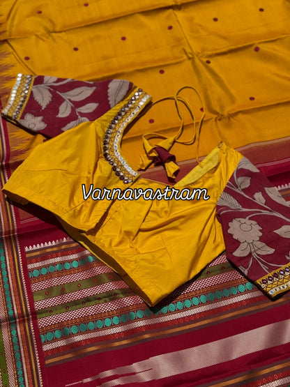 Yellow maroon silk blouse handdrawn hand painted penkalamkari and zardosi embellished