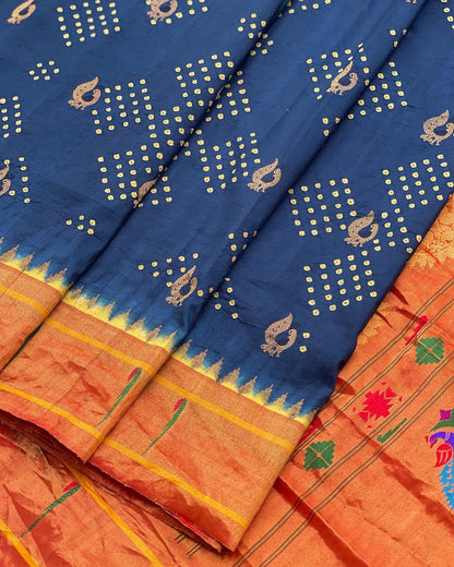 Paithani Silk With Bandhej Tie And Dye Muniya Border Saree