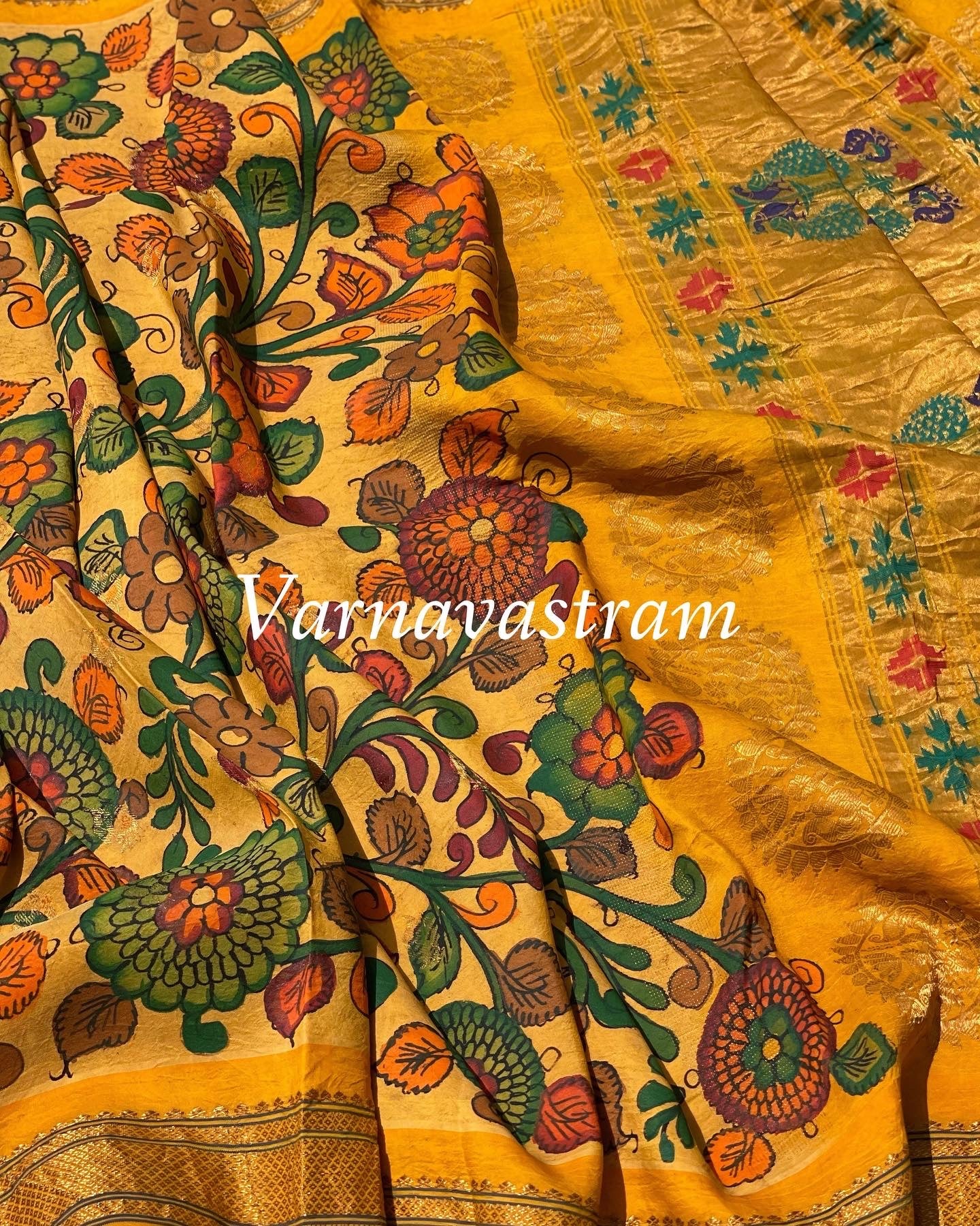 Penkalamkari Floral Handdrawn,handpainted On Paithani Silk With Kadiyal Border Saree