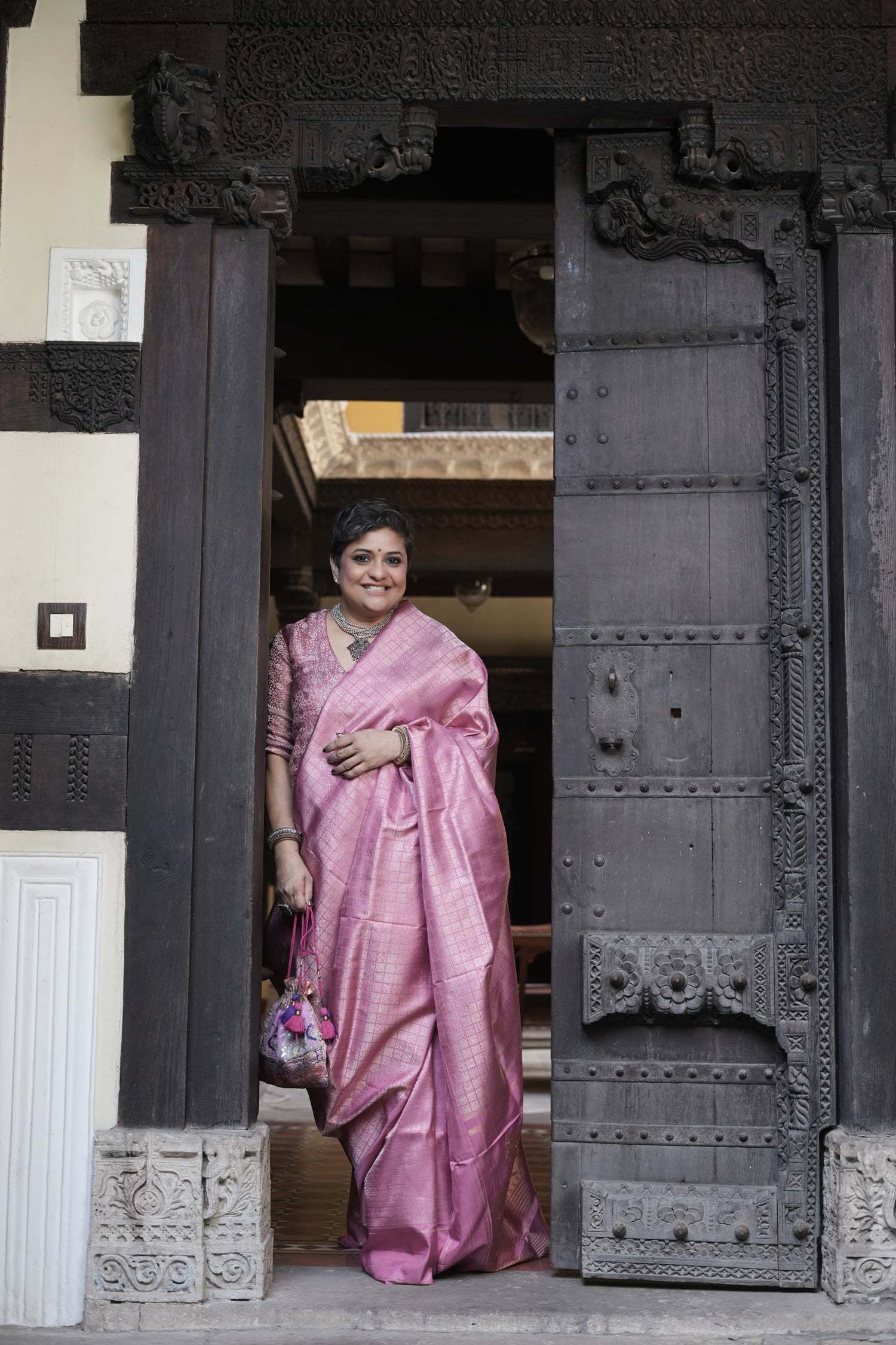 Instalment pay link 1 of 6 - A Canvas of Legendary Artistry The Masterpiece 108 exquisite Kanchivaram silk  showcases kamadenu pallu in hot pink hue of the finest and rarest natural dye