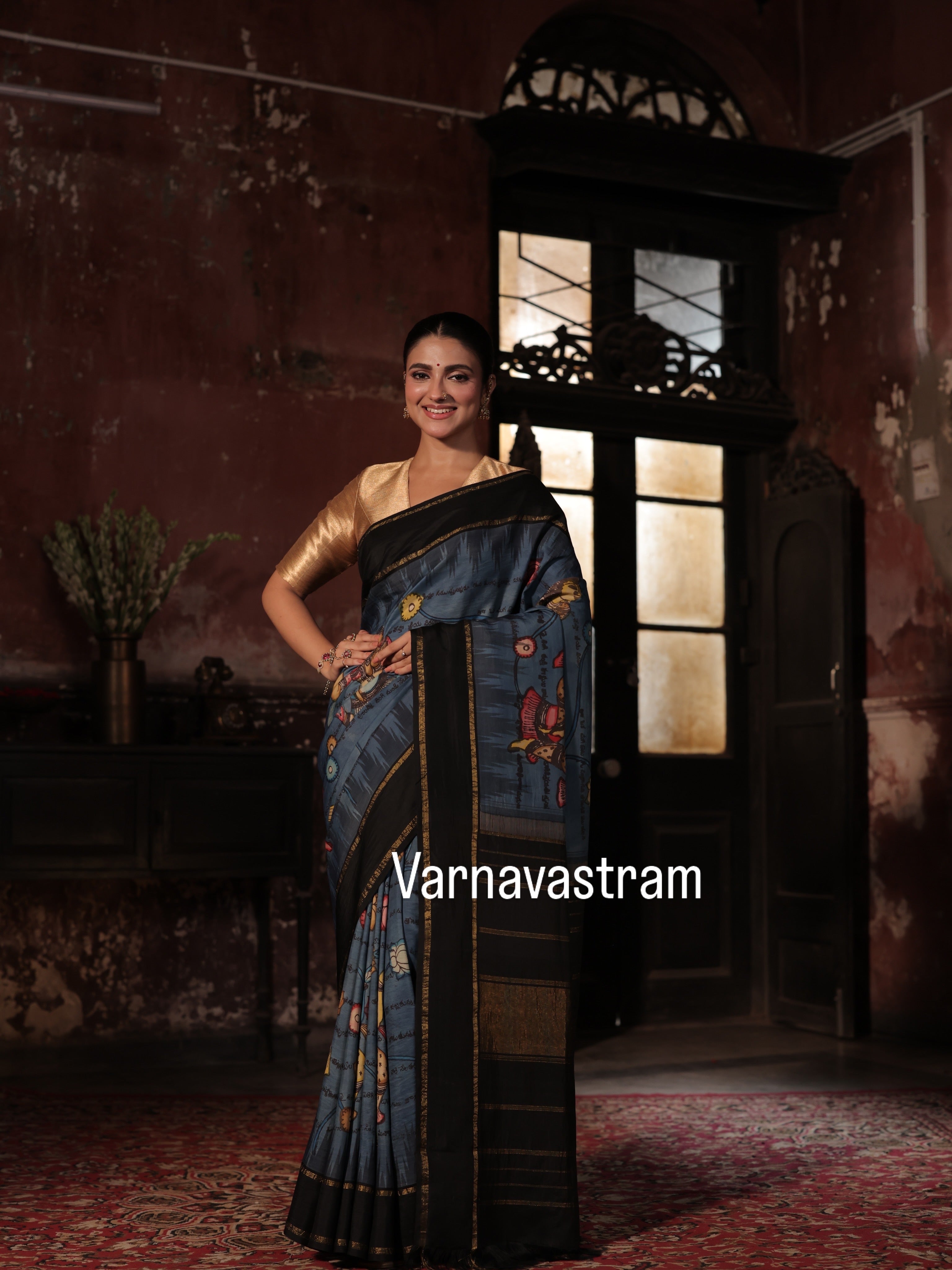 Part payment link VRATHAPANI - A deep indigo Complete Hand Drawn And Hand Painted Penkalamkari In korvai Kanchivaram Silk Saree with Ramayana script and dancing apsaras