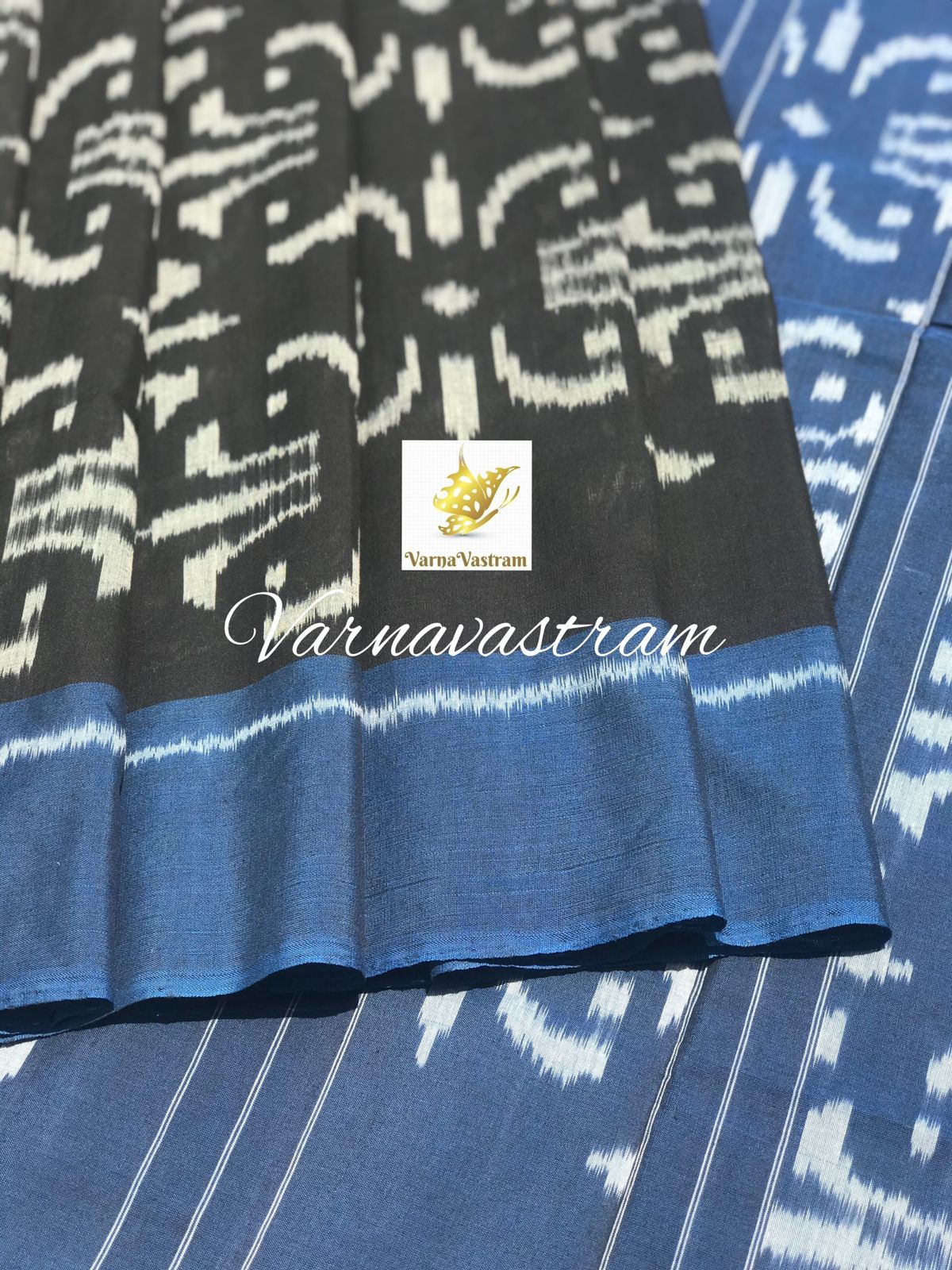 Indigo blue with black Ikkat cotton Saree