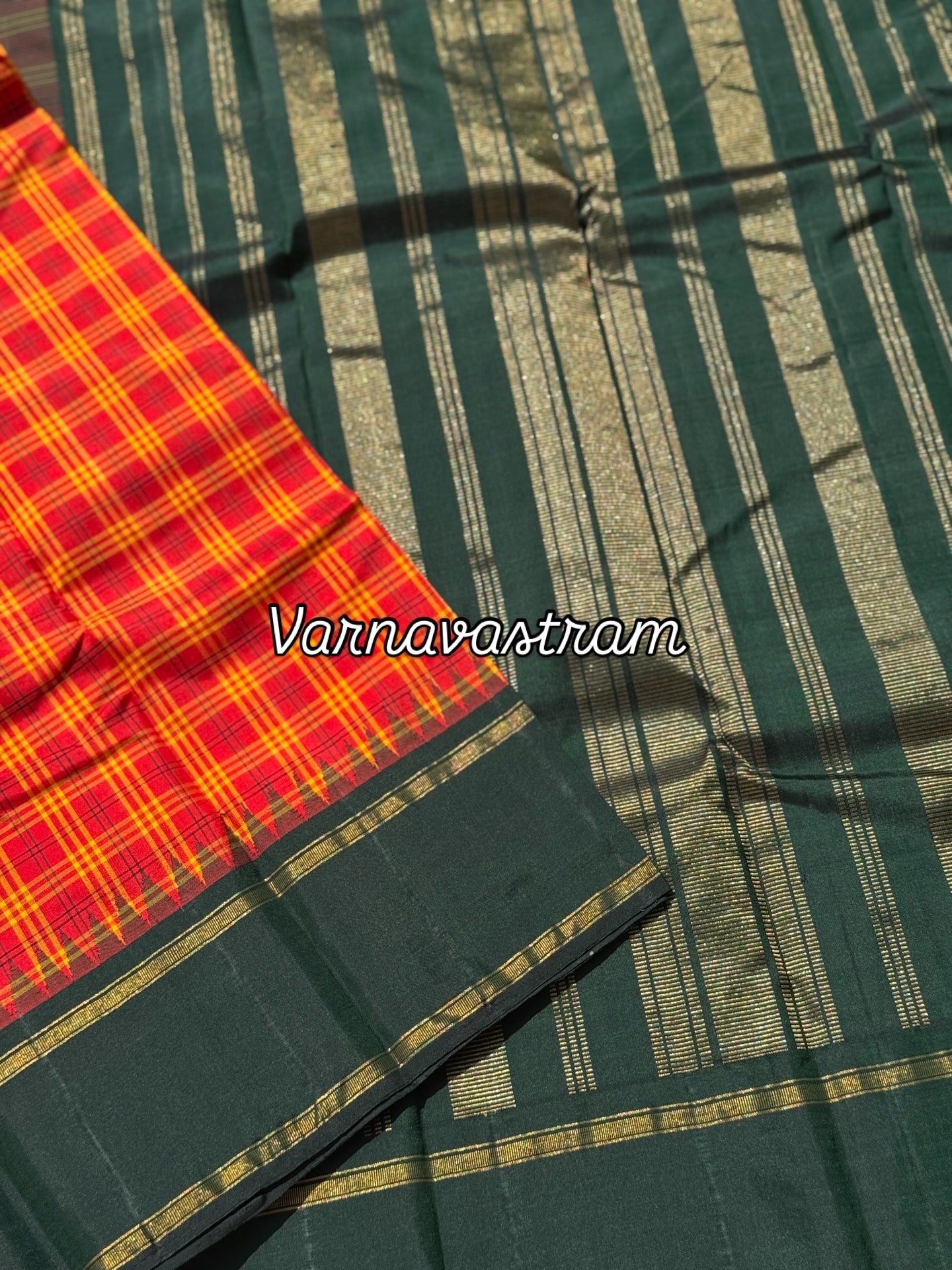 A pleasant tomato red with yellow kattam korvai kanchivaram silk saree