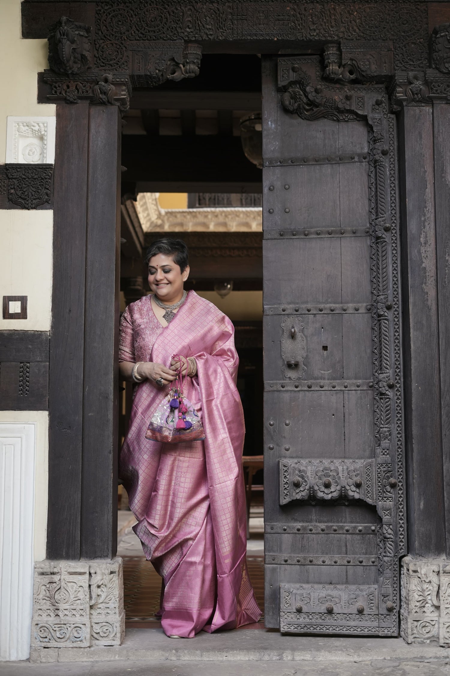 Instalment pay link 1 of 6 - A Canvas of Legendary Artistry The Masterpiece 108 exquisite Kanchivaram silk  showcases kamadenu pallu in hot pink hue of the finest and rarest natural dye