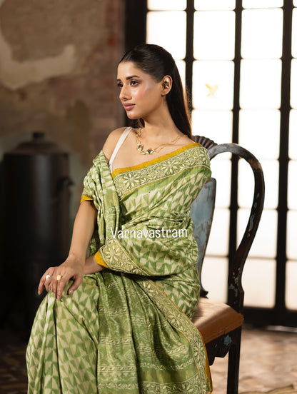 A Mulberry silk ikkat saree adorned with hand embroidery Chikankari work&amp;nbsp;