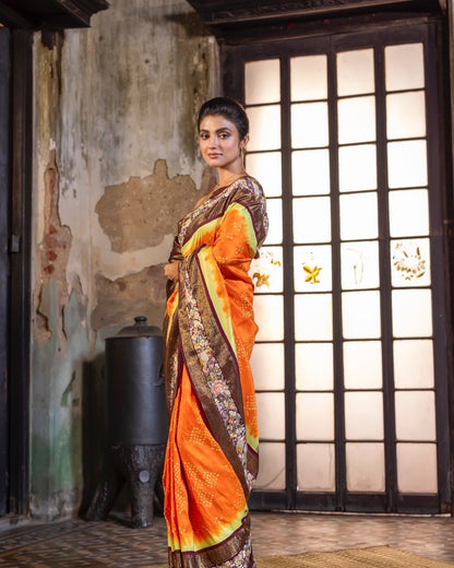 Parsi Gara with Rai Bhandej stunning zari Korvai Kanchivaram in yellow orange with betel brown