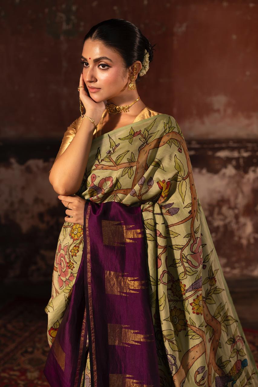 Masterpiece Pattani kattam double korvai kanchivaram silk saree Handdrawn handpainted penkalamkari