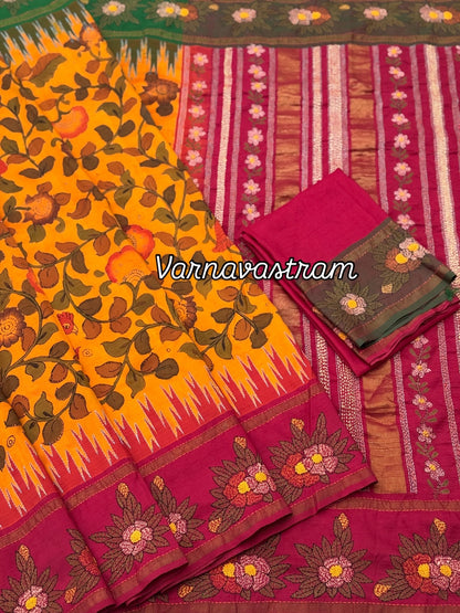 A masterpiece Kathawork handembroidery kanchivaram korvai silk saree with penkalamkari
