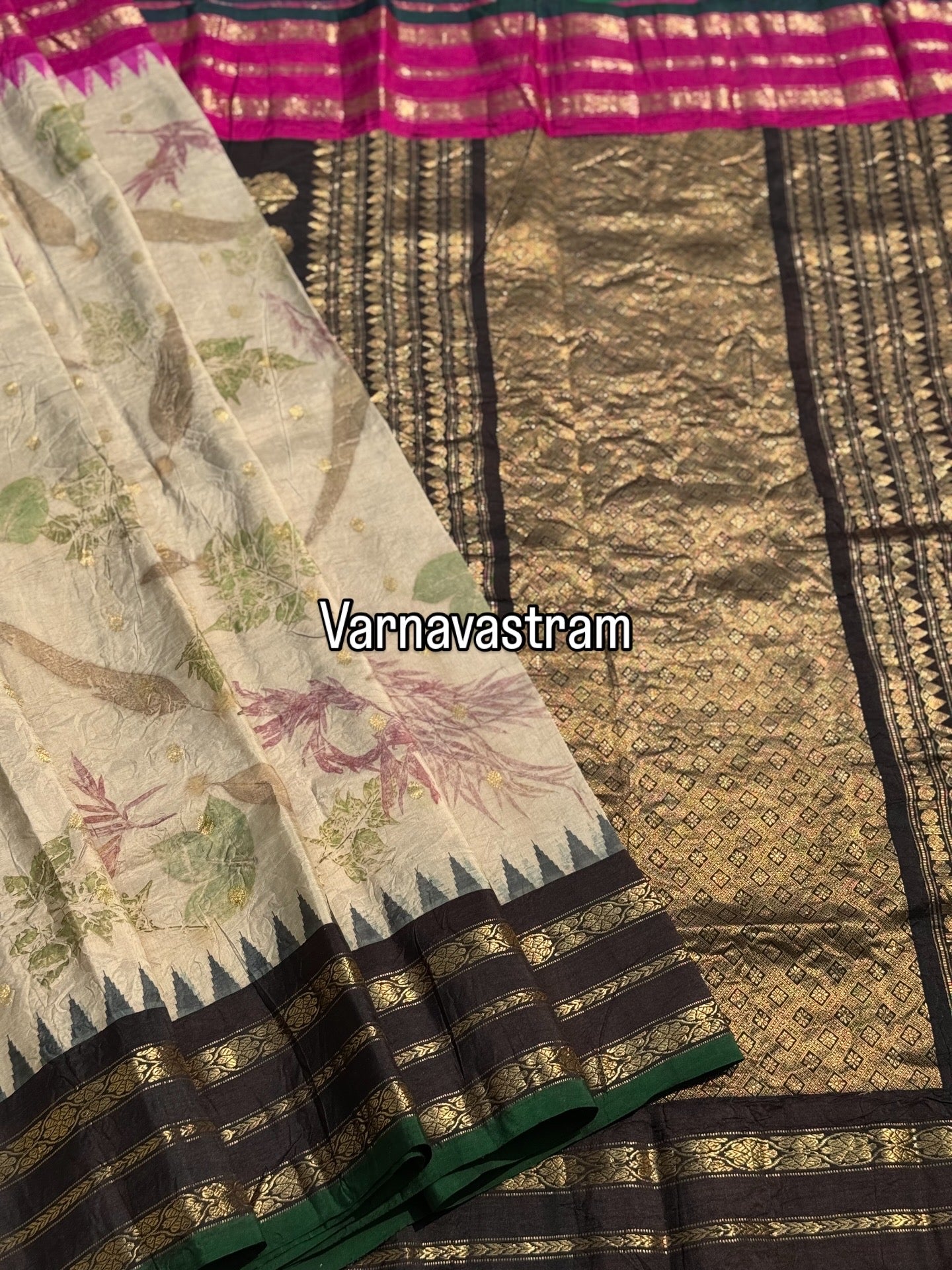 A pearl white with pink and black Natural Handmade Ecoprints kuttu gadwal silk saree