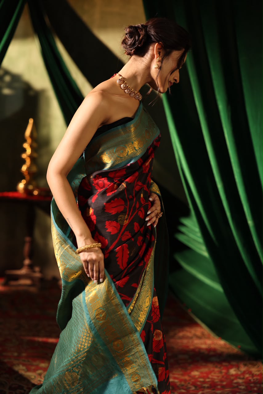 Hand-Drawn and Hand-Painted Penkalamkari on Kuttu kanchi turning border Gadwal silk