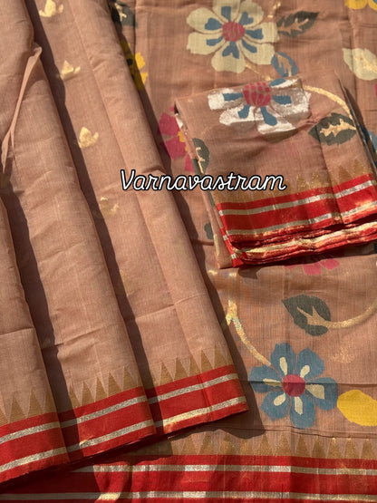 An elegant handspun ponduru Khadhi jamdani cotton saree in kaaki shade with red tissue Zari