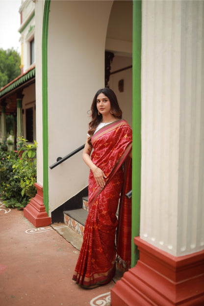 Premium Mulberry silk contemporary ikkat saree in deep burgundy shade