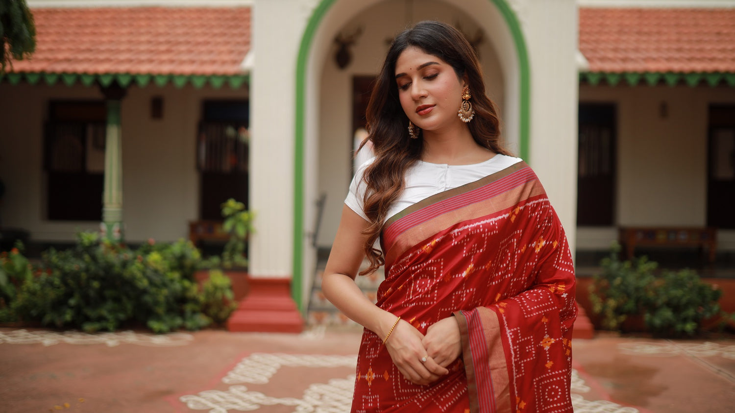 Premium Mulberry silk contemporary ikkat saree in deep burgundy shade