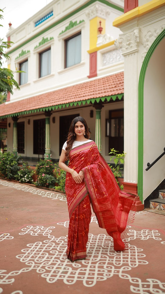 Premium Mulberry silk contemporary ikkat saree in deep burgundy shade