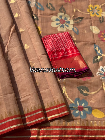An elegant handspun ponduru Khadhi jamdani cotton saree in kaaki shade with red tissue Zari